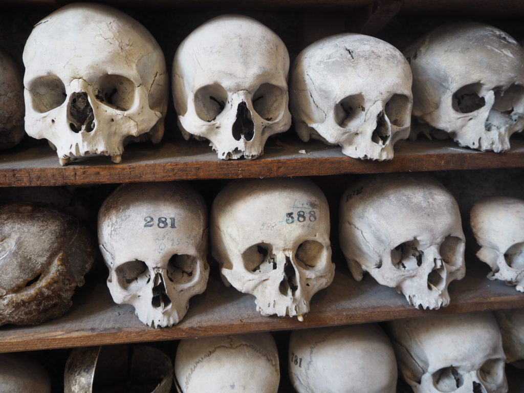 Close up on skulls at St Leonard's Church Crypt