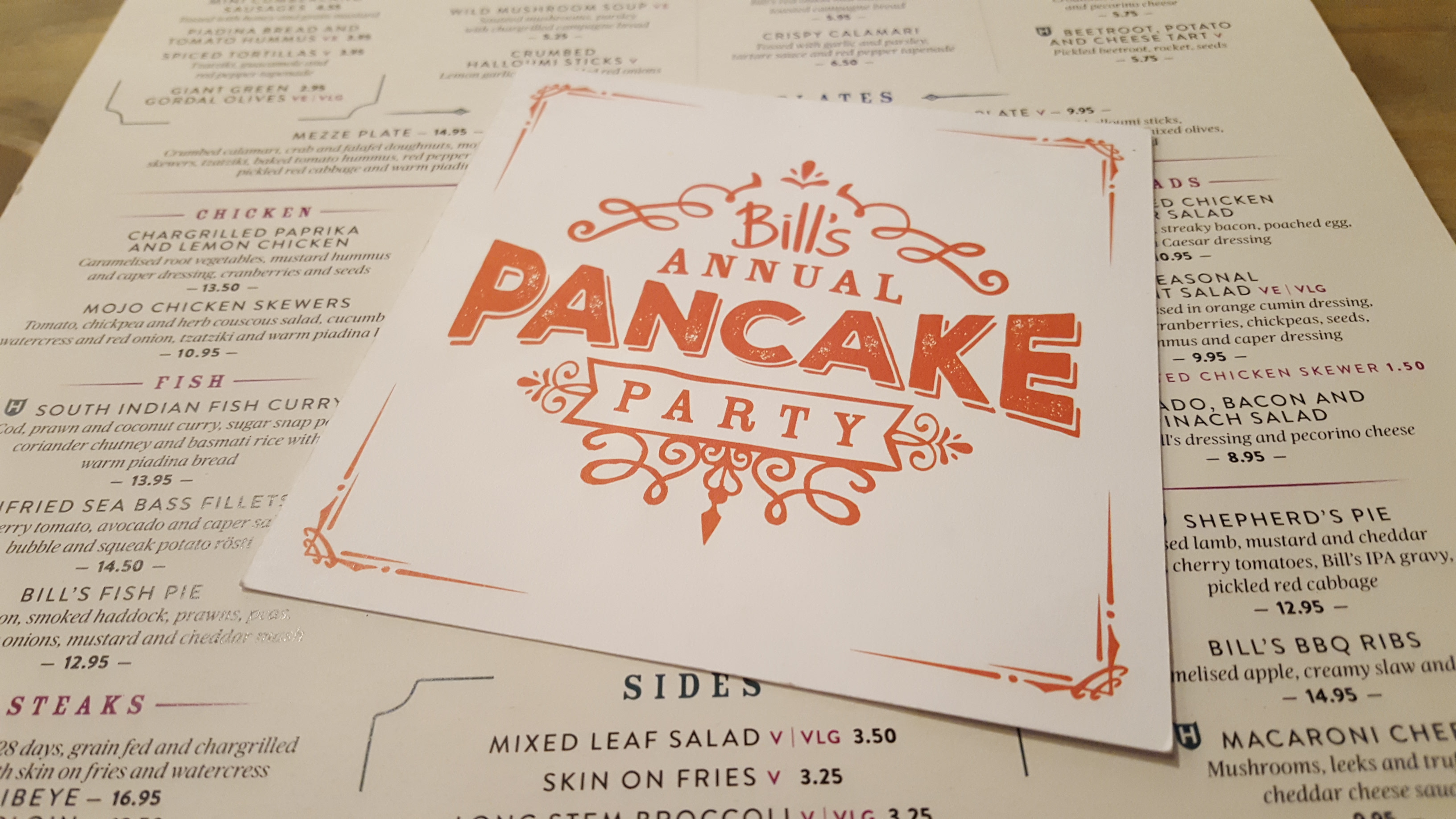 Bill's pancake menu